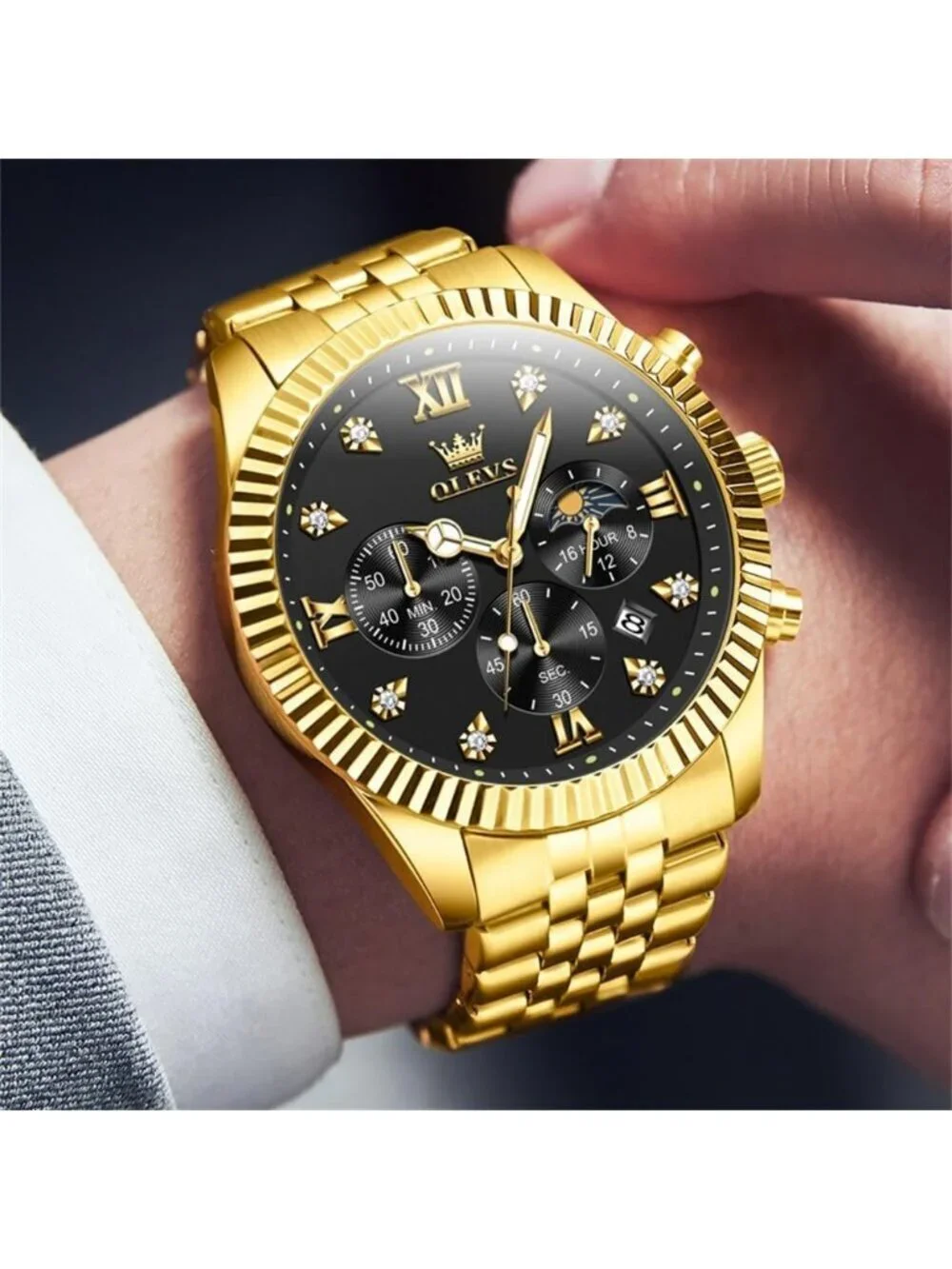 Men's Black Gold Diamond Stainless Steel Waterproof Roman Numbers Classic Watch